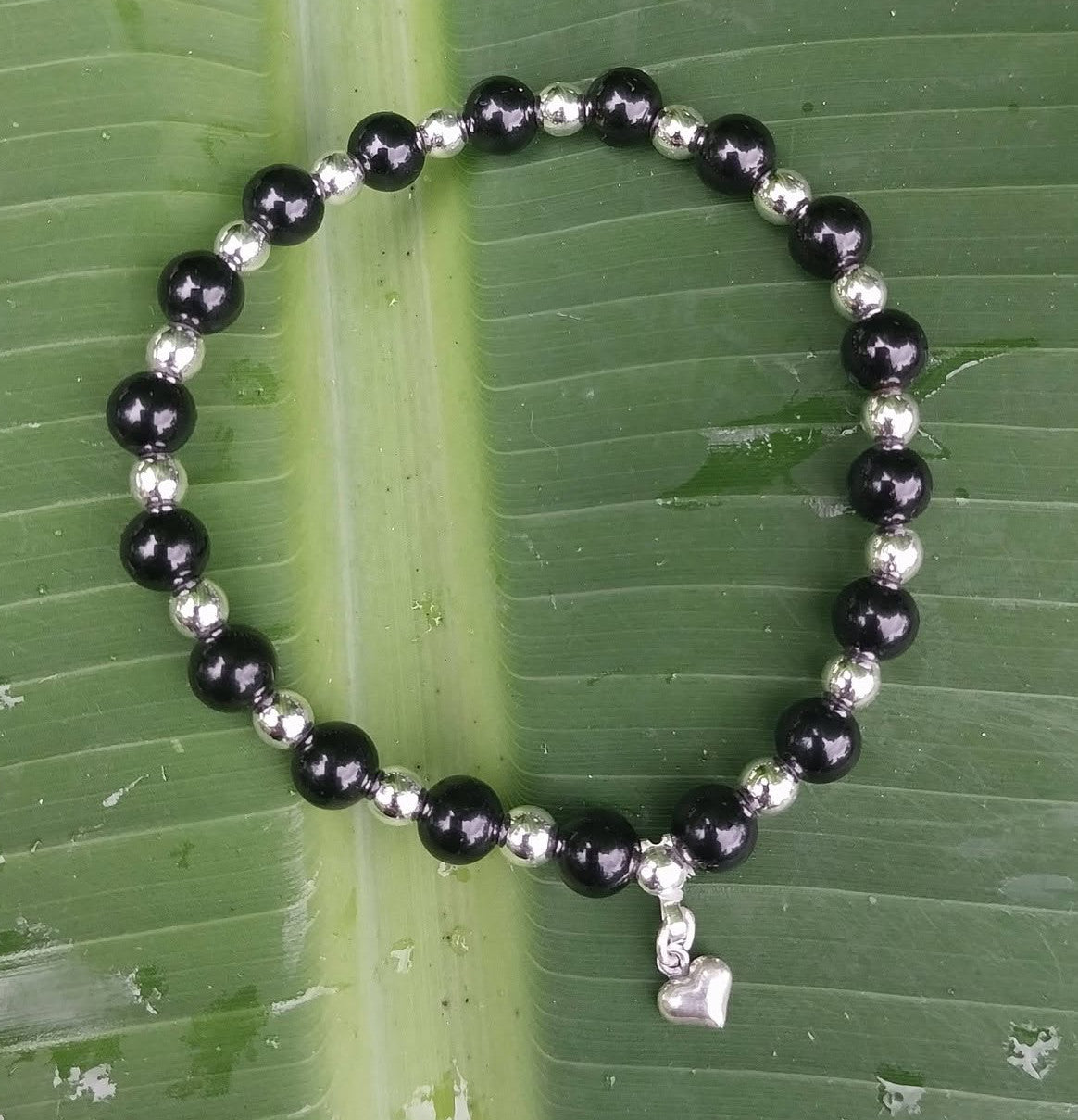 Heart Of Artemis Black Tourmaline and Hematite with Sterling Silver Heart Charm Bracelet