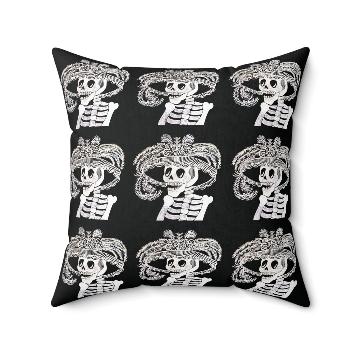 Catarina Day Of the Dead Skeleton Dia De Los Muertos Accent Black and White Spun Polyester Square Pillow with Zipper
