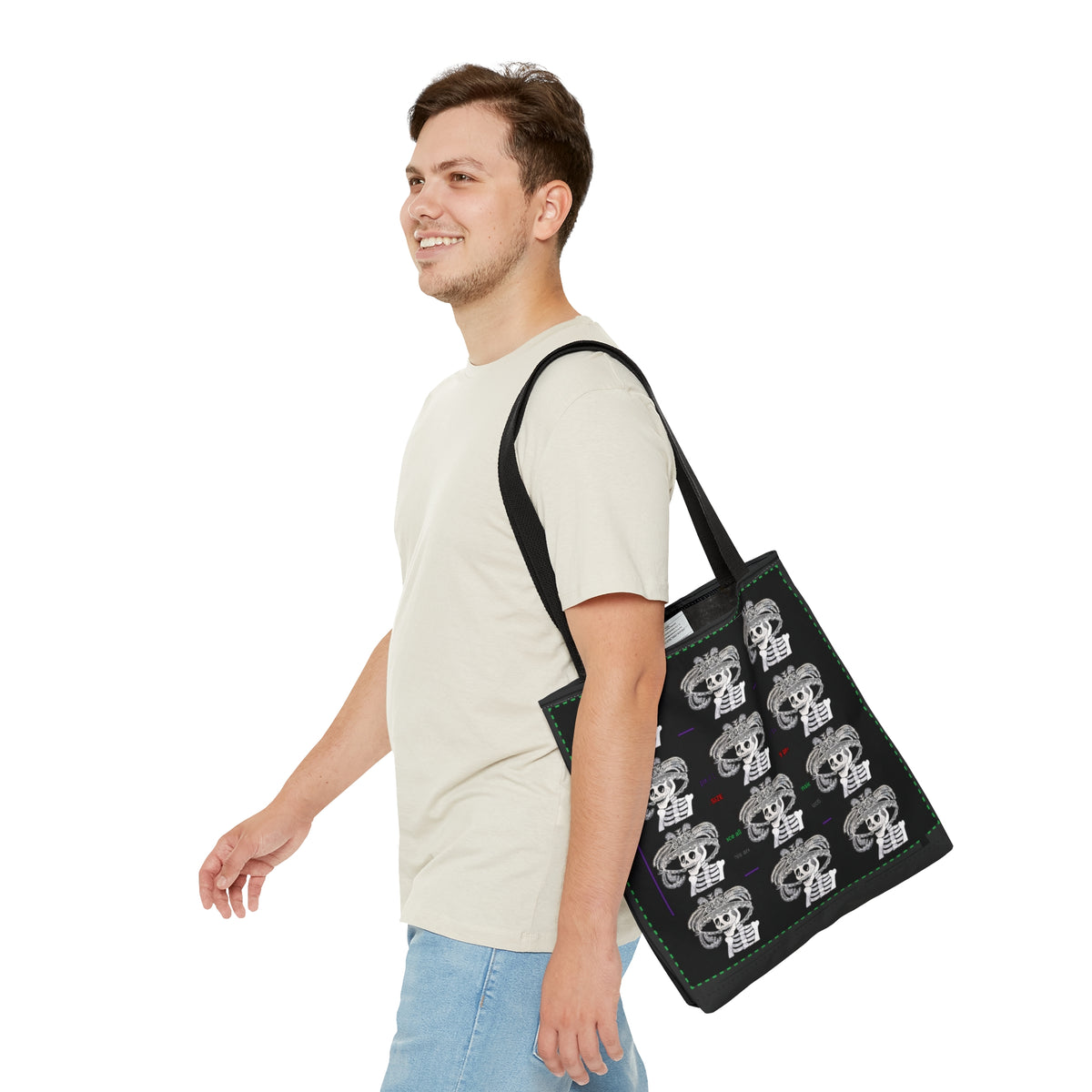 Catarina Day Of The Dead Dia De Los Muertos Skeleton with Flower and Feather Hat Black and White Tote Bag (AOP)