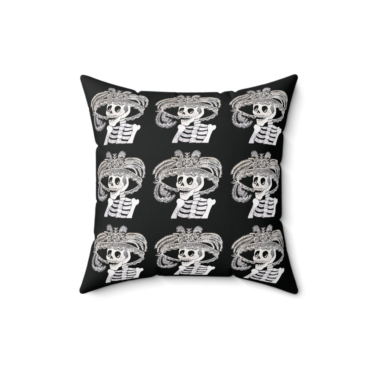 Catarina Day Of the Dead Skeleton Dia De Los Muertos Accent Black and White Spun Polyester Square Pillow with Zipper