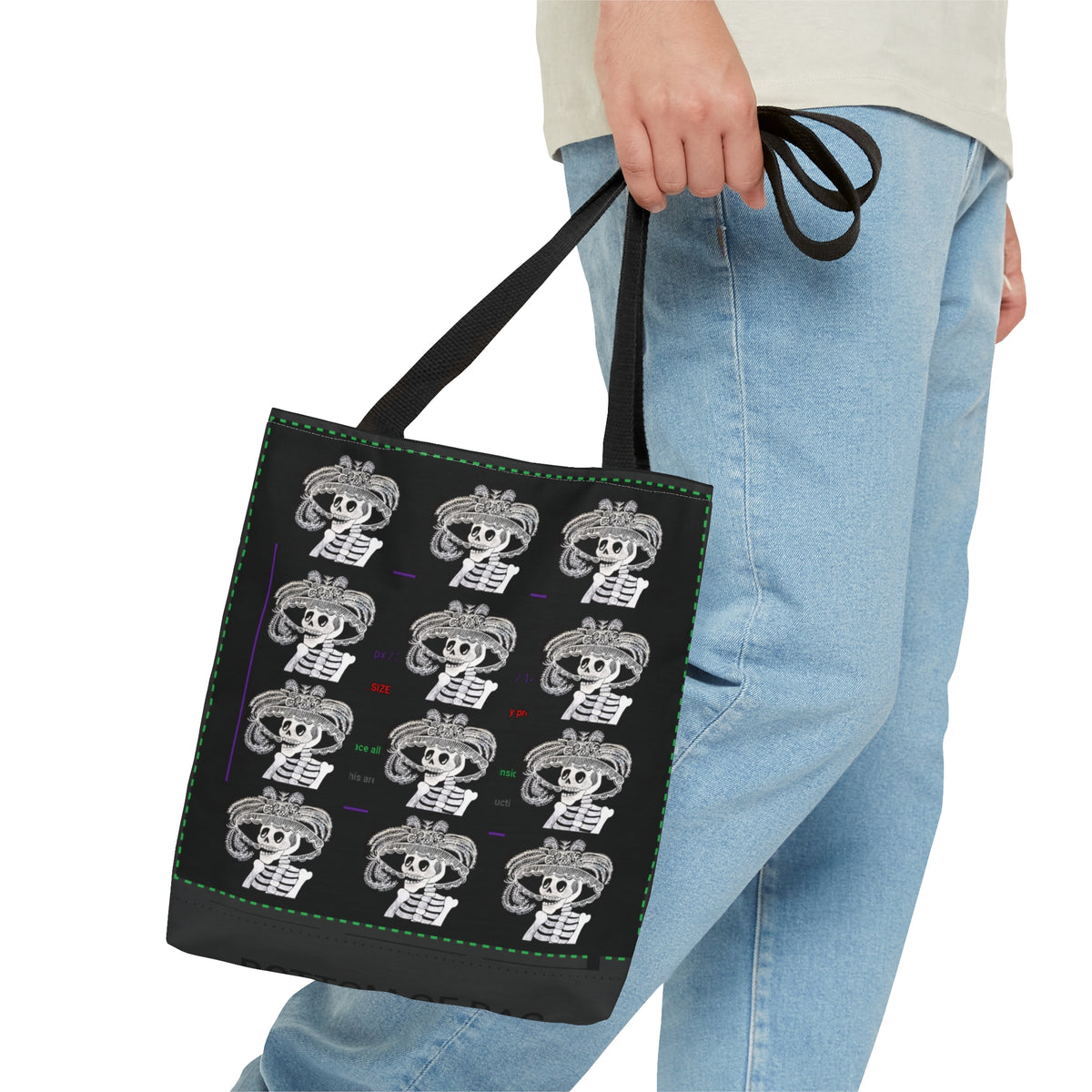 Catarina Day Of The Dead Dia De Los Muertos Skeleton with Flower and Feather Hat Black and White Tote Bag (AOP)