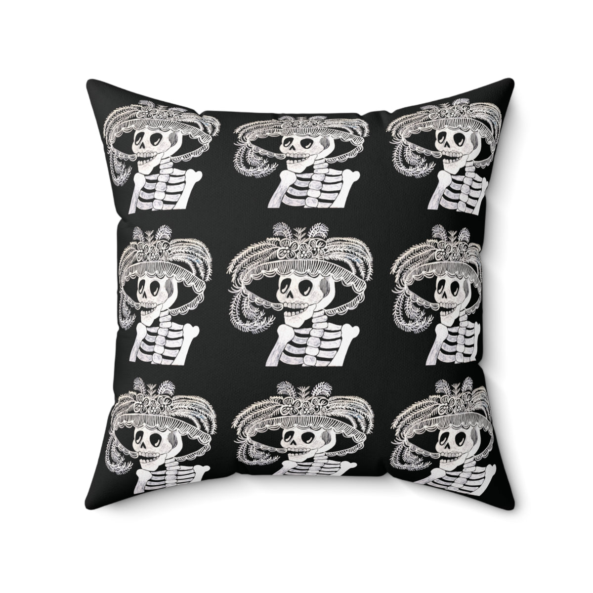 Catarina Day Of the Dead Skeleton Dia De Los Muertos Accent Black and White Spun Polyester Square Pillow with Zipper