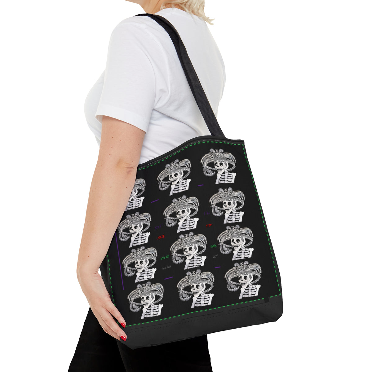 Catarina Day Of The Dead Dia De Los Muertos Skeleton with Flower and Feather Hat Black and White Tote Bag (AOP)