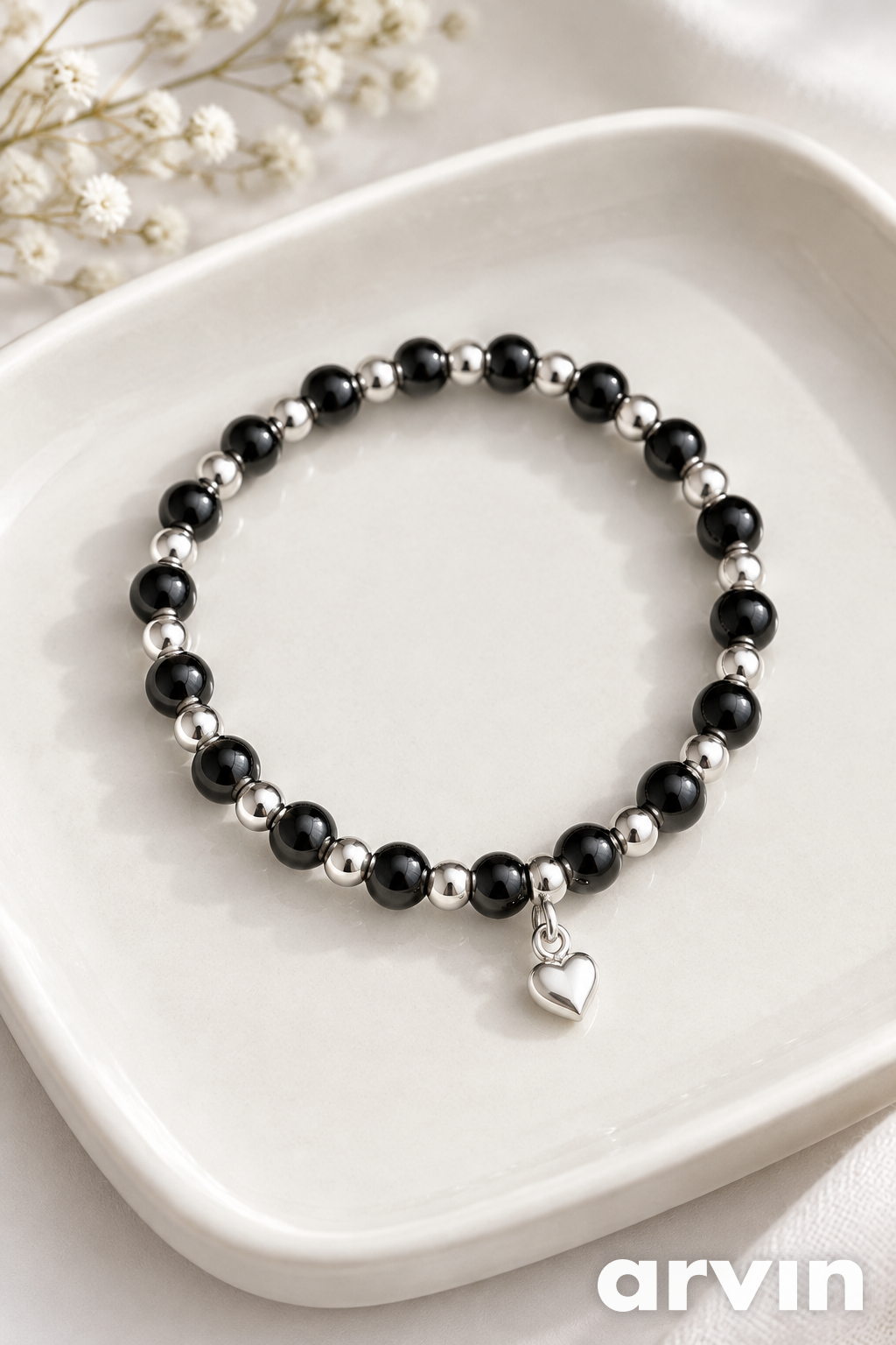 Heart Of Artemis Black Tourmaline and Hematite with Sterling Silver Heart Charm Bracelet