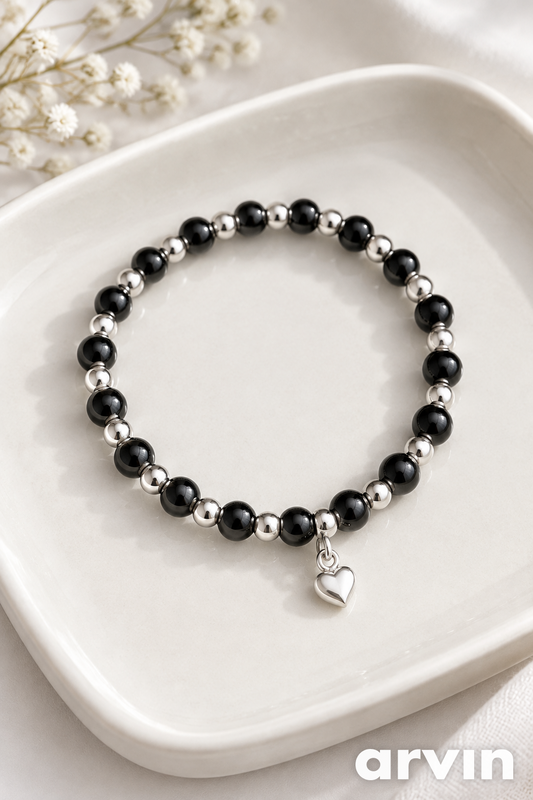 Heart Of Artemis Black Tourmaline and Hematite with Sterling Silver Heart Charm Bracelet