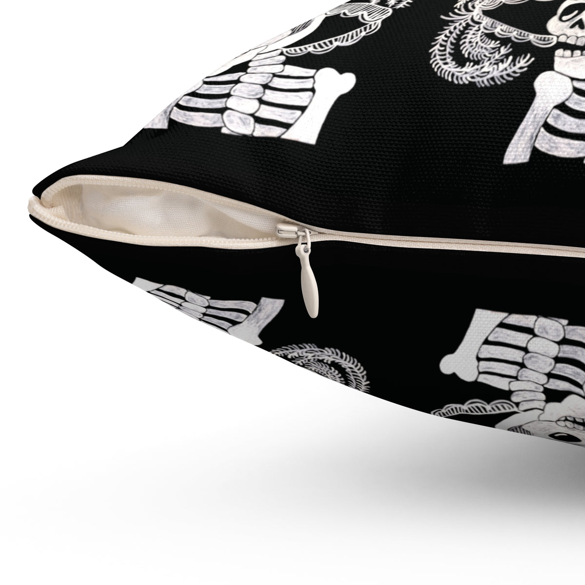 Catarina Day Of the Dead Skeleton Dia De Los Muertos Accent Black and White Spun Polyester Square Pillow with Zipper