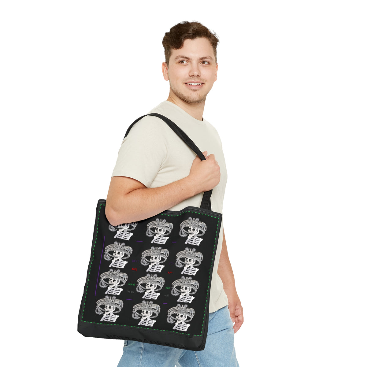 Catarina Day Of The Dead Dia De Los Muertos Skeleton with Flower and Feather Hat Black and White Tote Bag (AOP)
