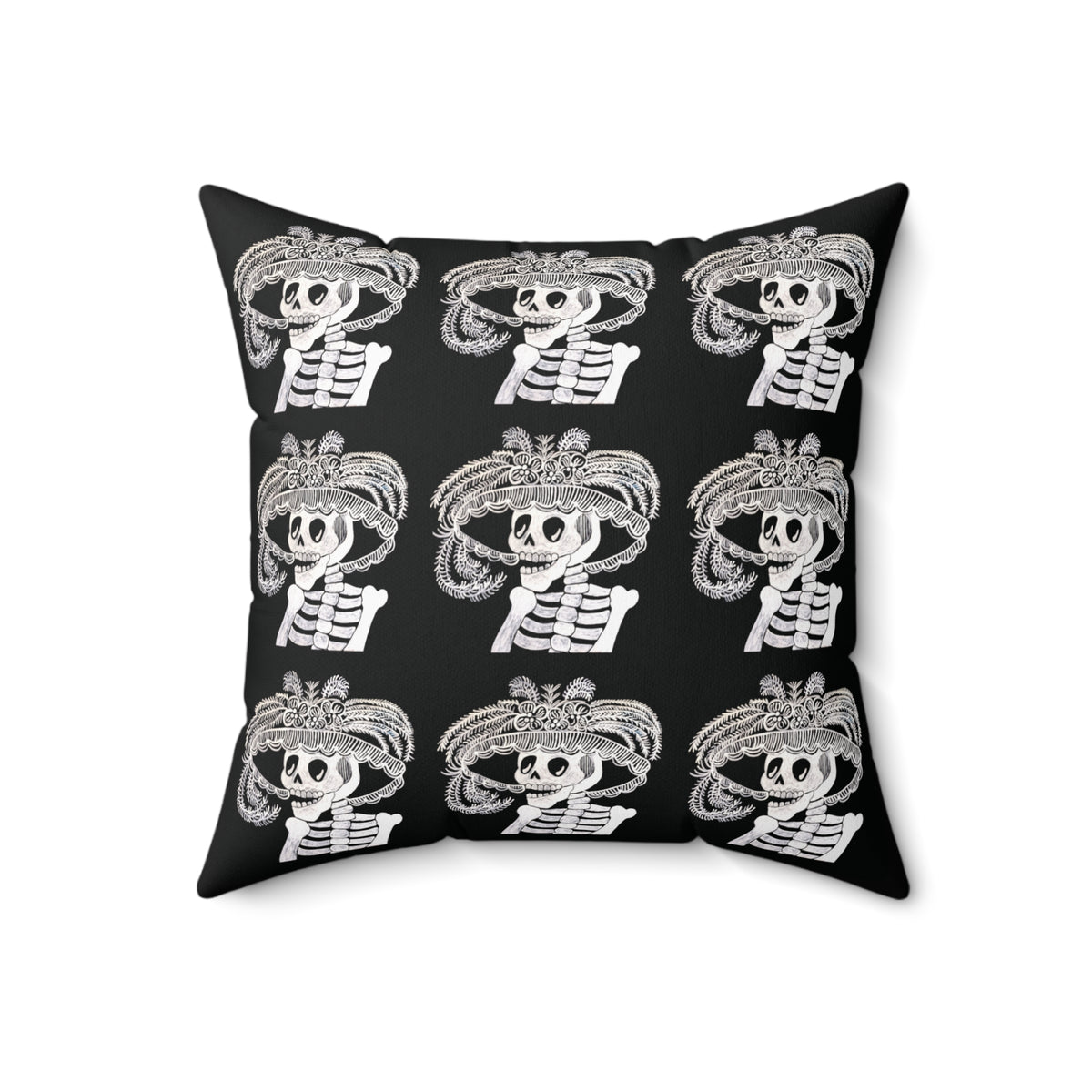 Catarina Day Of the Dead Skeleton Dia De Los Muertos Accent Black and White Spun Polyester Square Pillow with Zipper