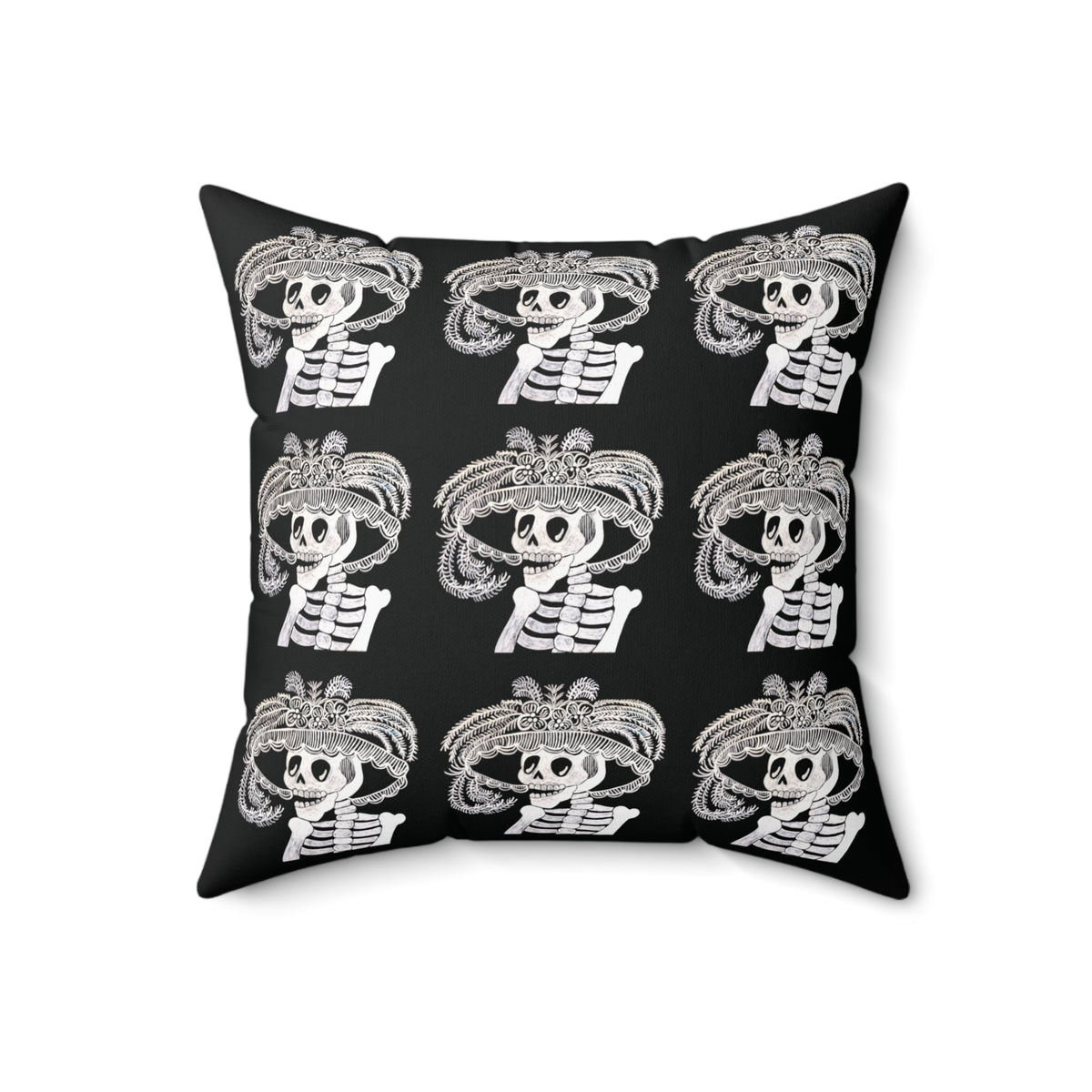 Catarina Day Of the Dead Skeleton Dia De Los Muertos Accent Black and White Spun Polyester Square Pillow with Zipper