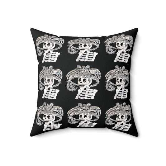 Catarina Day Of the Dead Skeleton Dia De Los Muertos Accent Black and White Spun Polyester Square Pillow with Zipper