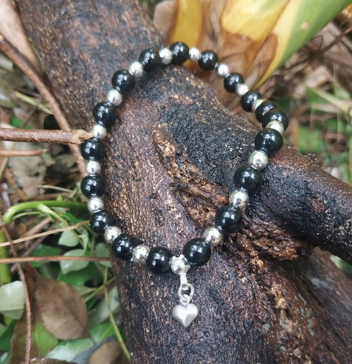 Heart Of Artemis Black Tourmaline and Hematite with Sterling Silver Heart Charm Bracelet