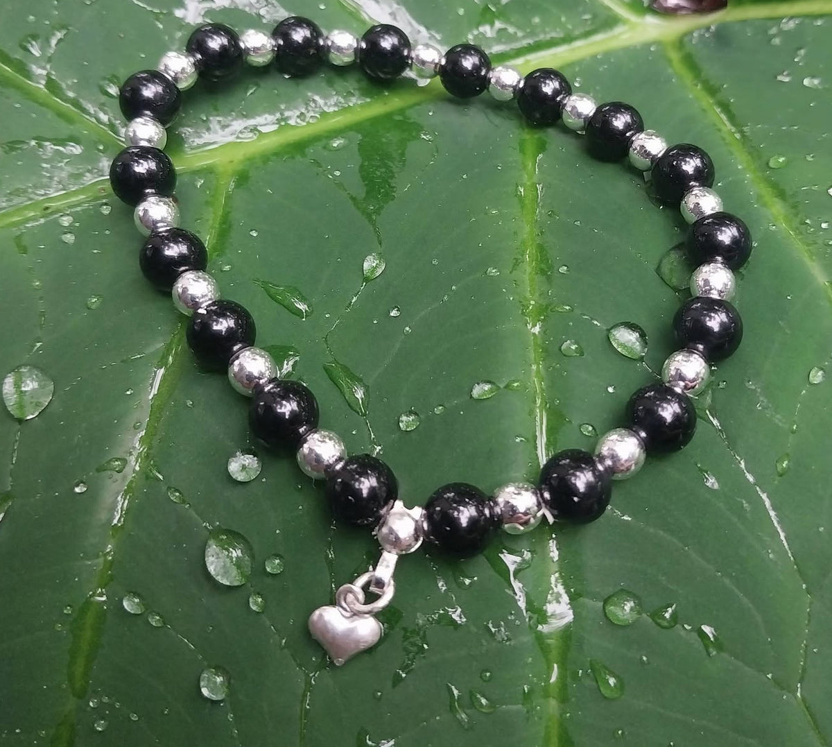 Heart Of Artemis Black Tourmaline and Hematite with Sterling Silver Heart Charm Bracelet